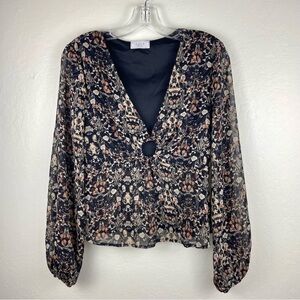 SAGE The Label Low Cut O-Ring Long Sleeved Semi-Sheer Floral Blouse Black Size S